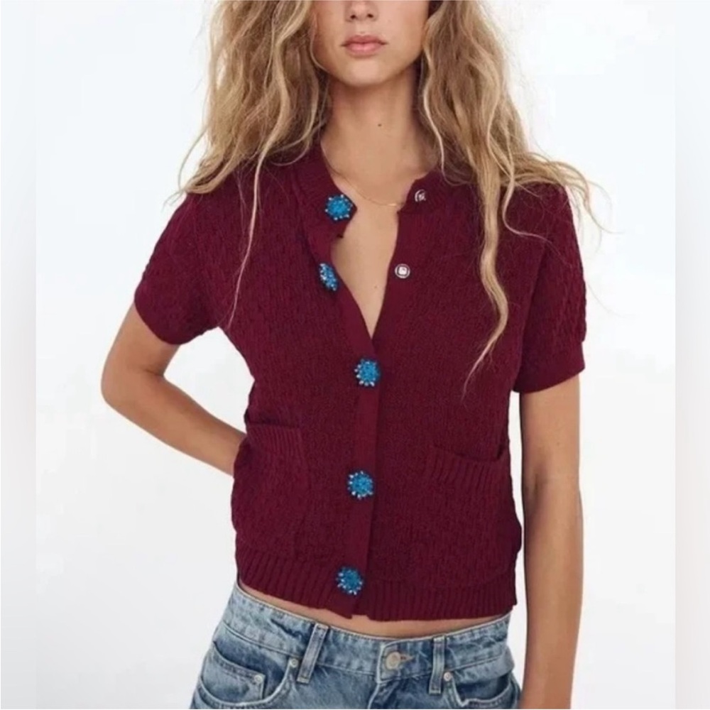 Zara sweater with blue embellished stone buttons.